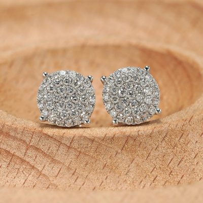 18K white gold diamond earrings, worn view 18K white gold diamond earrings, worn view